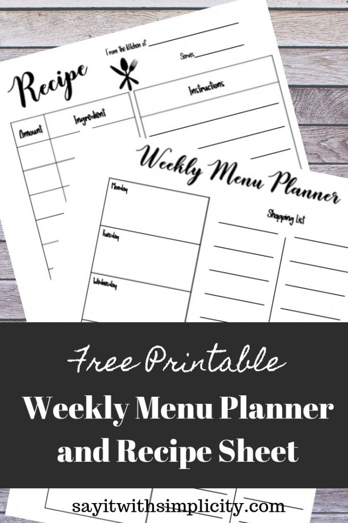Pin image for free menu and recipe planner printables