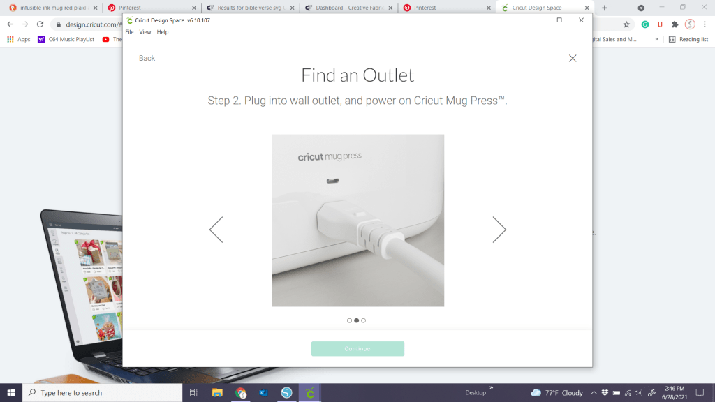 On Screen prompt for power cord Cricut Mug Press Setup