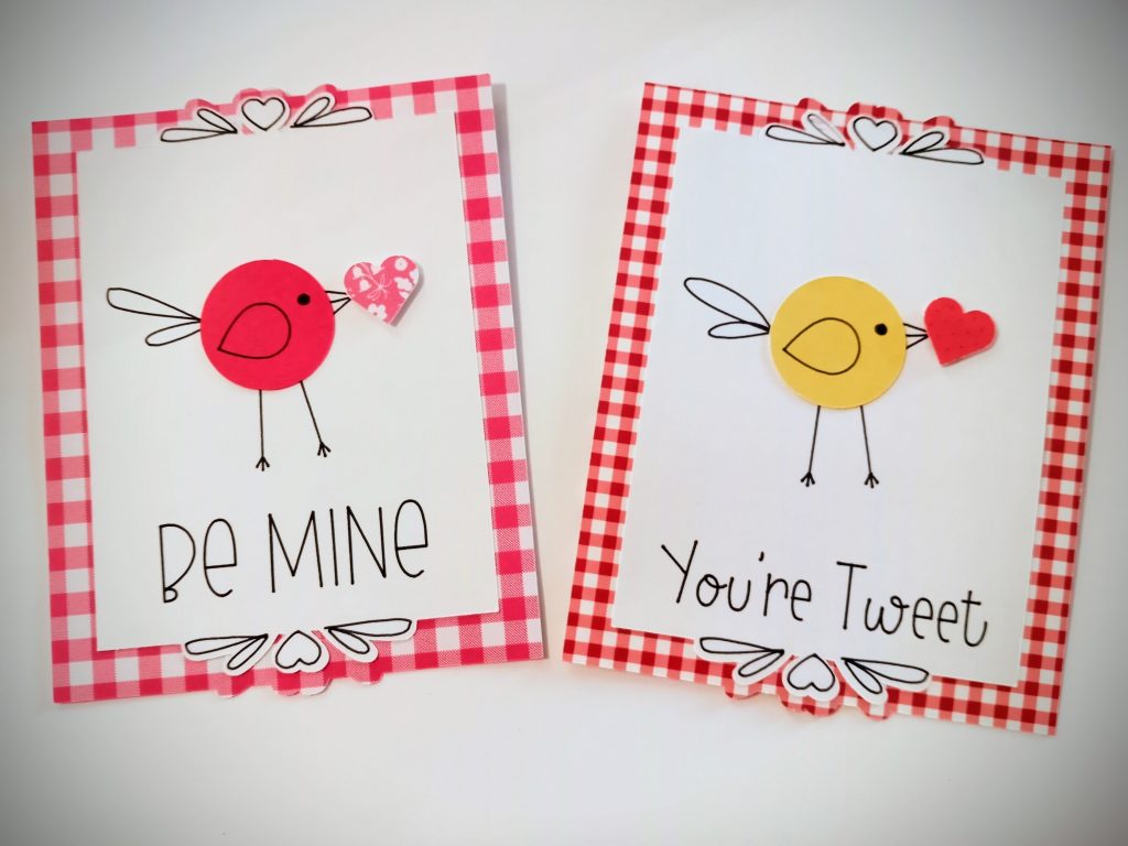 Cute bird valentines made with Cricut. Drawn with drawing pen and mounted on gingham cardstock.