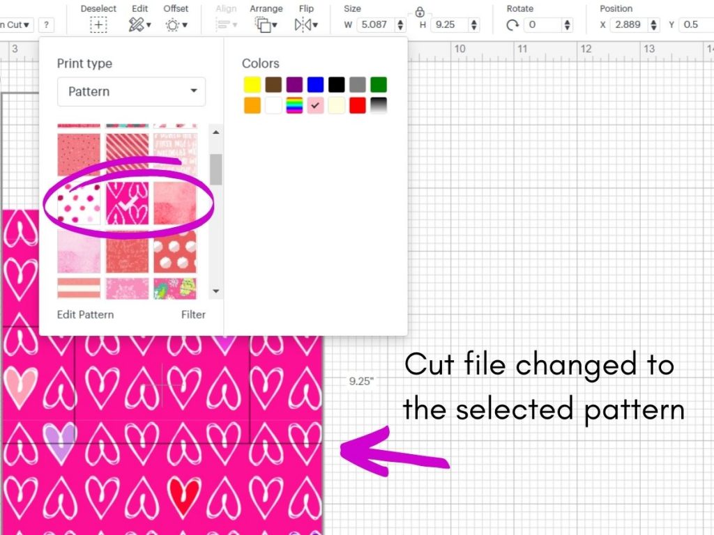 selecting a pattern in Cricut Design Space for Valentine Treat Box SVG