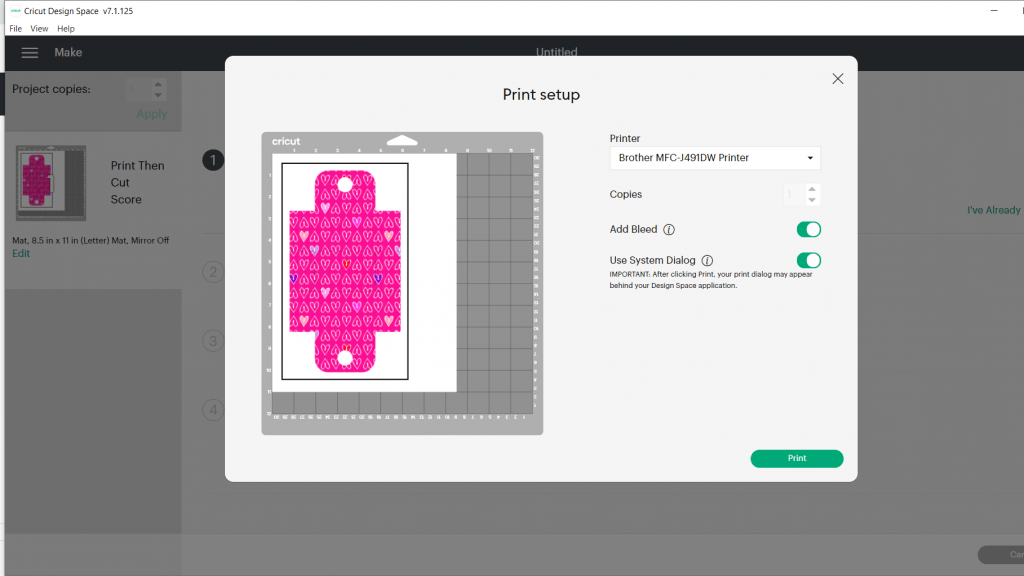 printer settings in Cricut Design Space for Freebie Valentine Treat Box