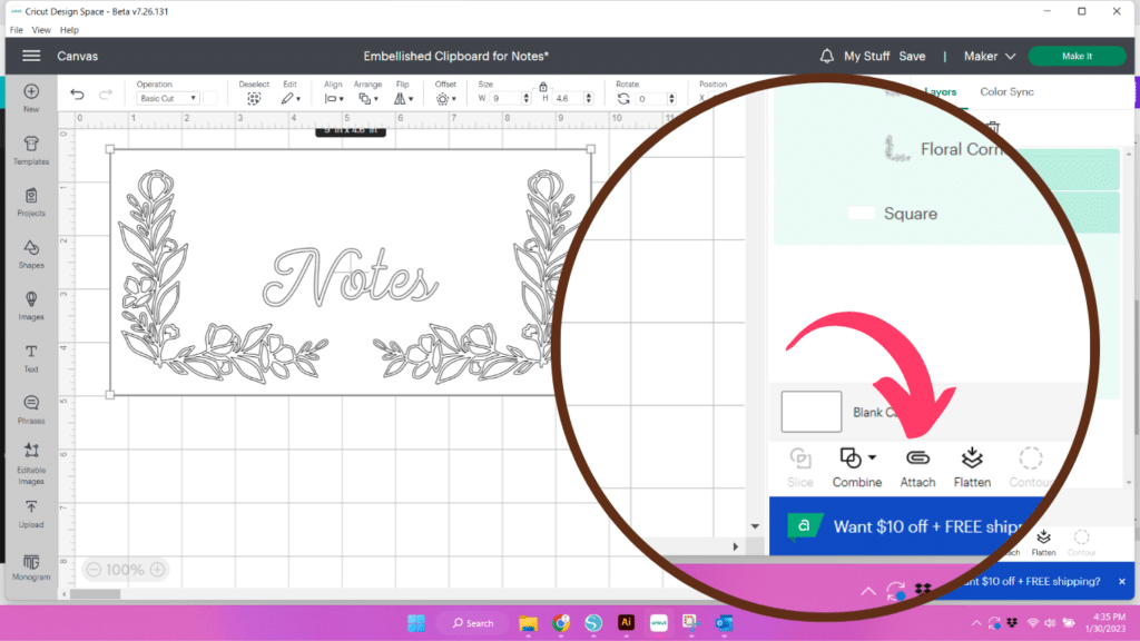 Attach in Cricut Design Space