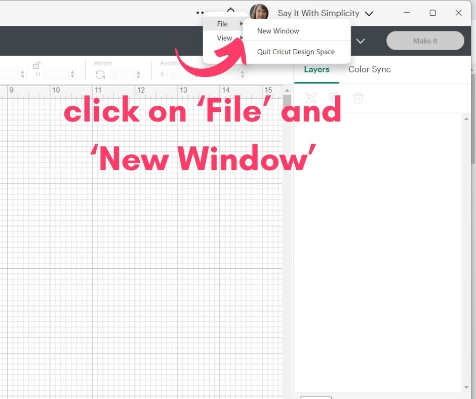 Clicking on File and New Window to open New Window in Cricut Design Space