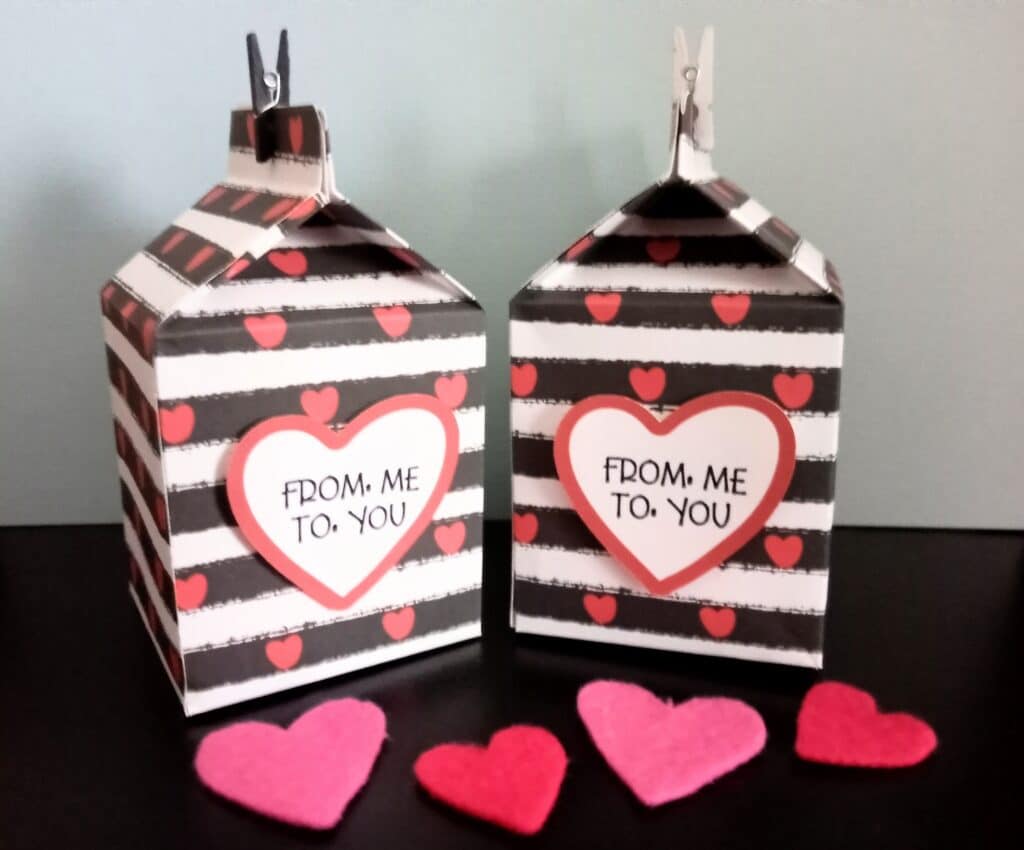Cute milk cartons made with Cricut, and embellished with "From: Me, To: You" hearts. The closure is a mini clothes pin. 
