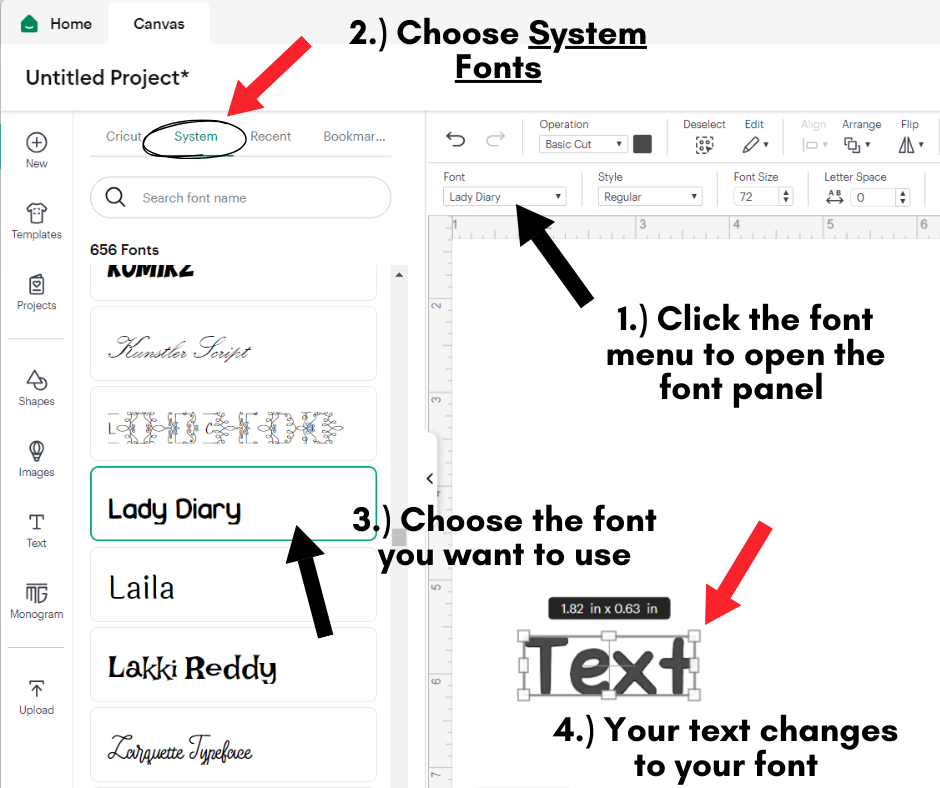 Screen shot of font panel in Cricut 
Design Space showing system fonts.