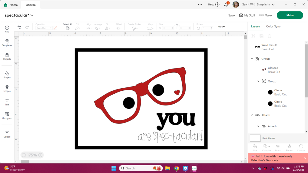 Set up of "you are spectacular" card in Cricut Design Space